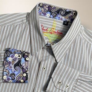 Robert Graham Mens L Blue Brown Stripe Cotton Flip Cuff Long Sleeve Casual Shirt